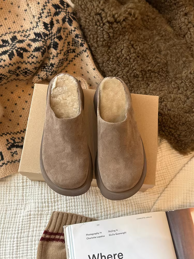 Phiên bản da bò ~ Giày Birkenstock da thật đế dày kiểu cổ điển dành cho nữ, giày nửa dép lông cừu lót lông tăng chiều cao đa năng bằng da lộn