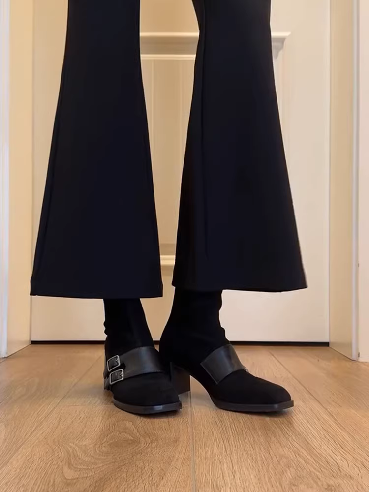 Phiên bản da bò ~ Giày bốt da thật kiểu cổ điển dành cho nữ, giày bốt mỏng có khóa thắt lưng đơn giản có khóa kéo phía sau, giày bốt ngắn mũi vuông cao gót