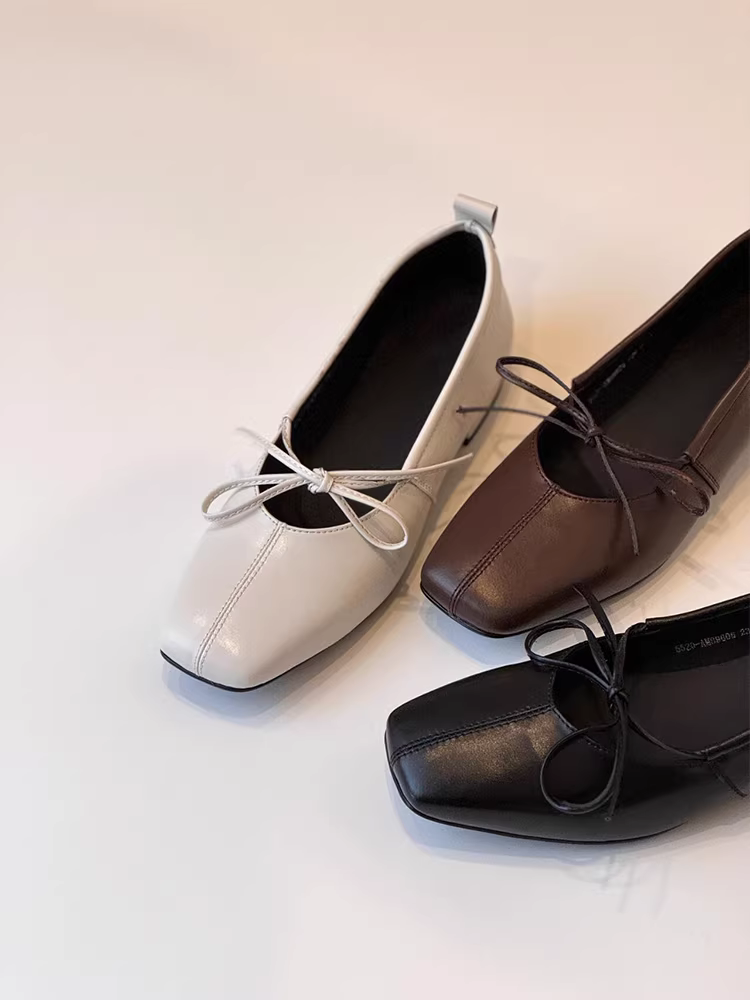 Phiên bản da cừu ~ giày lười buộc dây đa năng dành cho nữ, giày đế bằng mũi vuông, giày ba lê thoải mái miệng nông