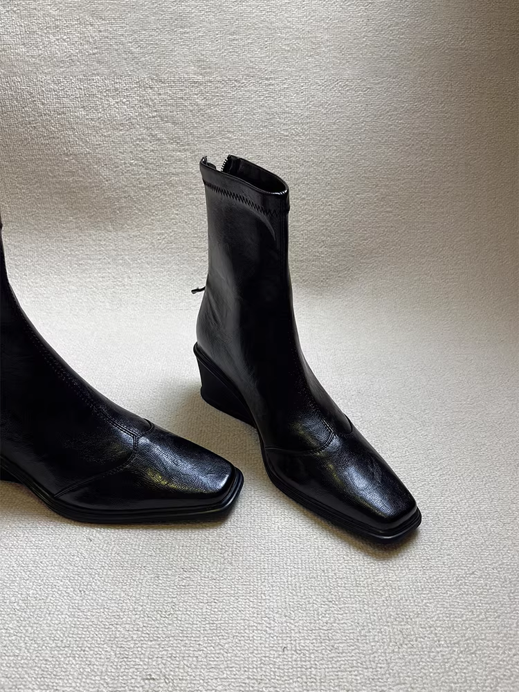 Phiên bản da bò~ Giày bốt cao gót kiểu retro mới dành cho nữ có khóa kéo phía sau, mũi vuông, da thật, bốt ngắn đơn giản và đa năng