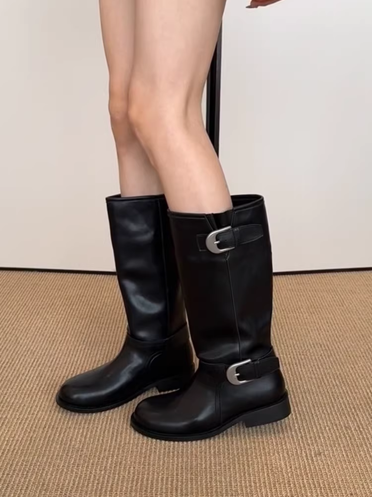 Phiên bản da bò ~ Giày bốt cưỡi ngựa đế dày ống rộng bằng da thật dành cho nữ, phong cách Anh quốc, cổ điển, tôn dáng, có khóa thắt lưng, bốt dài qua đầu gối