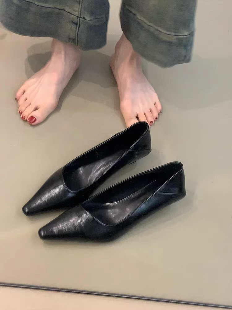 Phiên bản da cừu ~ Giày mũi nhọn gót nhọn đa năng theo phong cách tối giản dành cho nữ, giày đế bằng da thật kiểu cổ điển đi làm