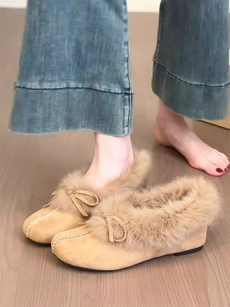 Phiên bản da cừu ~ Giày lông mũi tròn nhẹ nhàng dành cho nữ, kiểu lười có nơ, giày đế bằng lót lông cừu thoải mái, giày cotton đơn giản và thanh lịch.
