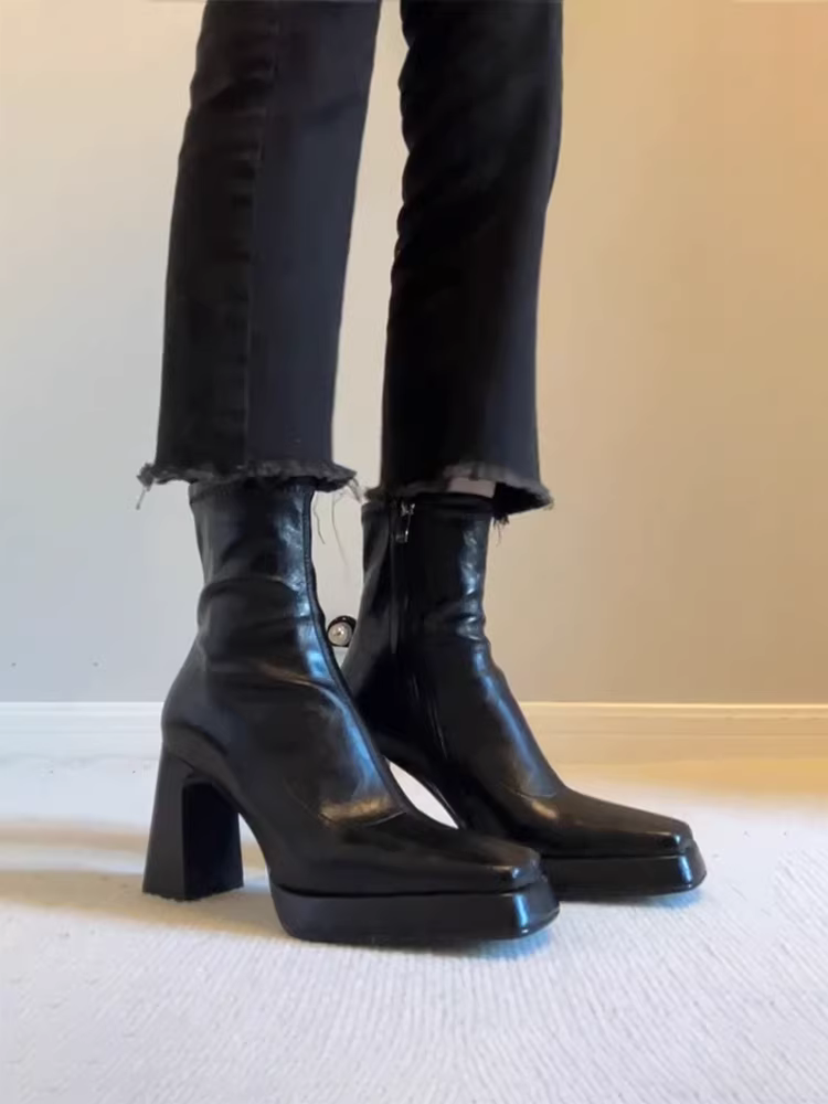 Phiên bản da bò~ Giày bốt ngắn da thật cao gót kiểu Pháp dành cho nữ có đế chống thấm nước, giày bốt Martin co giãn tăng chiều cao, mũi vuông, gót dày, bốt ôm sát.