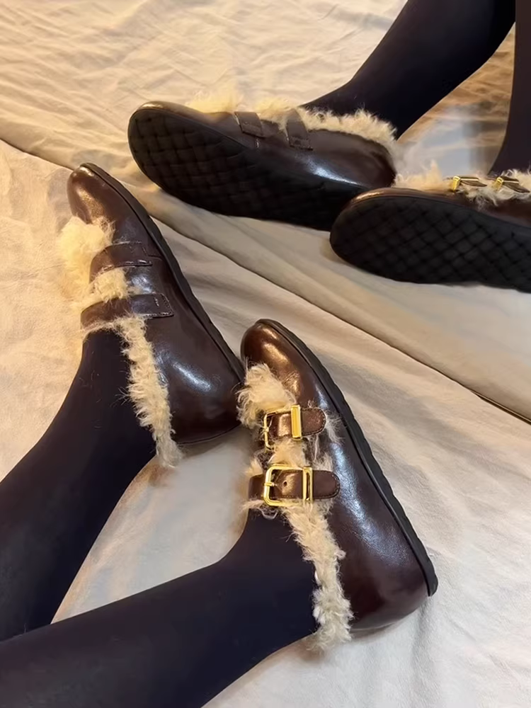 Phiên bản da cừu ~ Giày Mary Jane đế bằng da thật kiểu Pháp có khóa đôi dành cho nữ, giày đế bằng ngoài trời ấm áp bằng len cừu