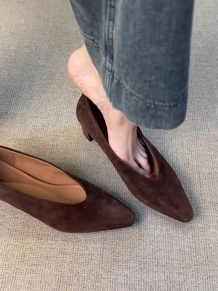 Phiên bản da cừu ~ Giày lười đơn giản bằng da mờ dành cho nữ, kiểu Pháp mũi vuông nông, gót dày cổ điển, kiểu giày bà ngoại