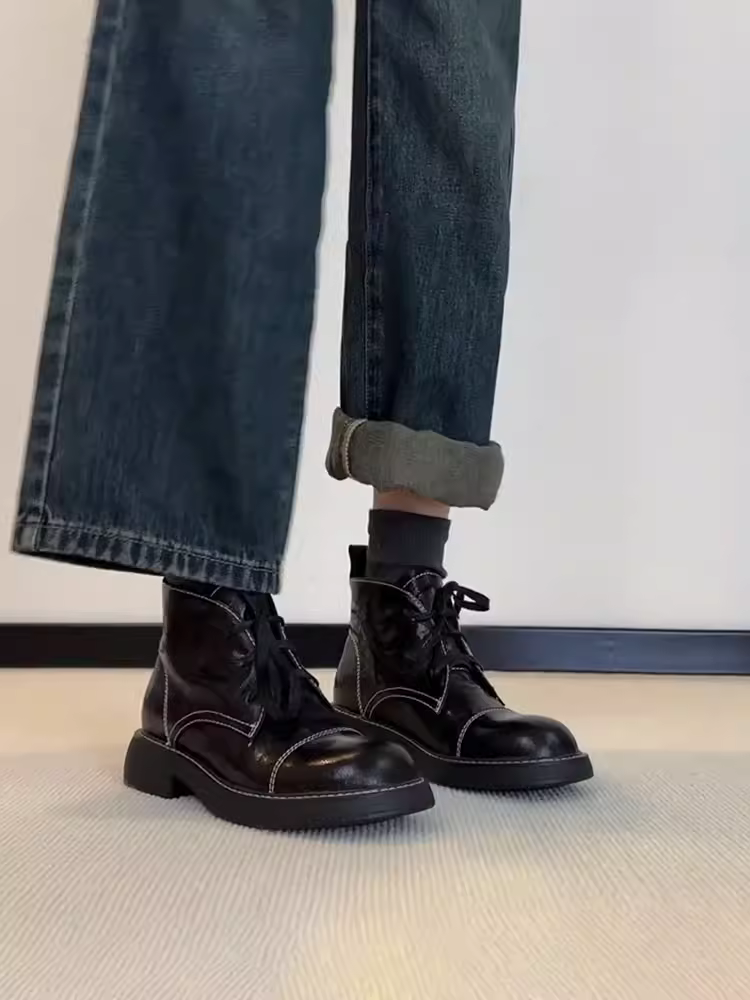 Phiên bản da bò~ Giày bốt ngắn da thật phong cách Anh quốc dành cho nữ, giày bốt Martin thời trang đi làm đa năng mũi tròn gót thấp kiểu Pháp