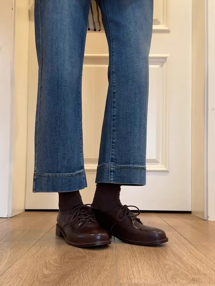 Phiên bản da cừu ~ Giày da mũi vuông đa năng có dây buộc màu đen dành cho nữ, gót dày, da thật đa năng, giày lười phong cách cổ điển của Anh