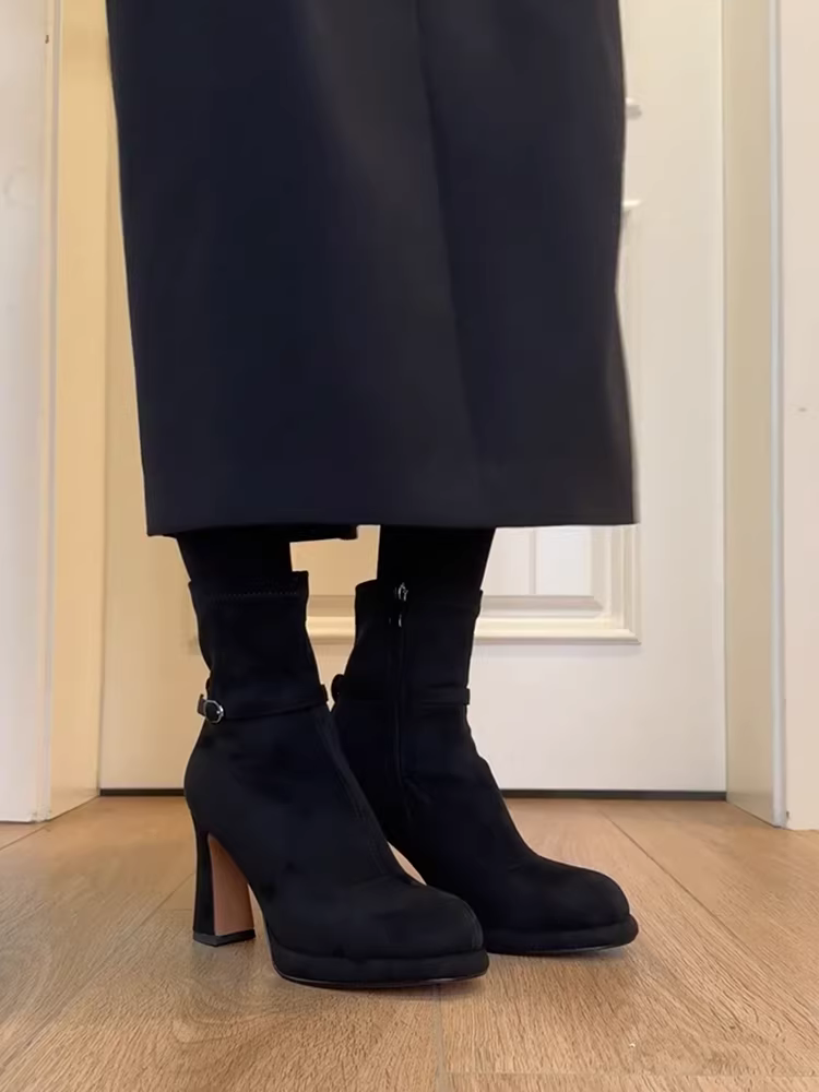 Phiên bản da bò ~ Giày bốt mỏng bằng da thật mờ dành cho nữ, giày bốt Martin cao gót có khóa kéo bên hông kiểu cổ điển với đế chống thấm nước, bốt ngắn màu đen.