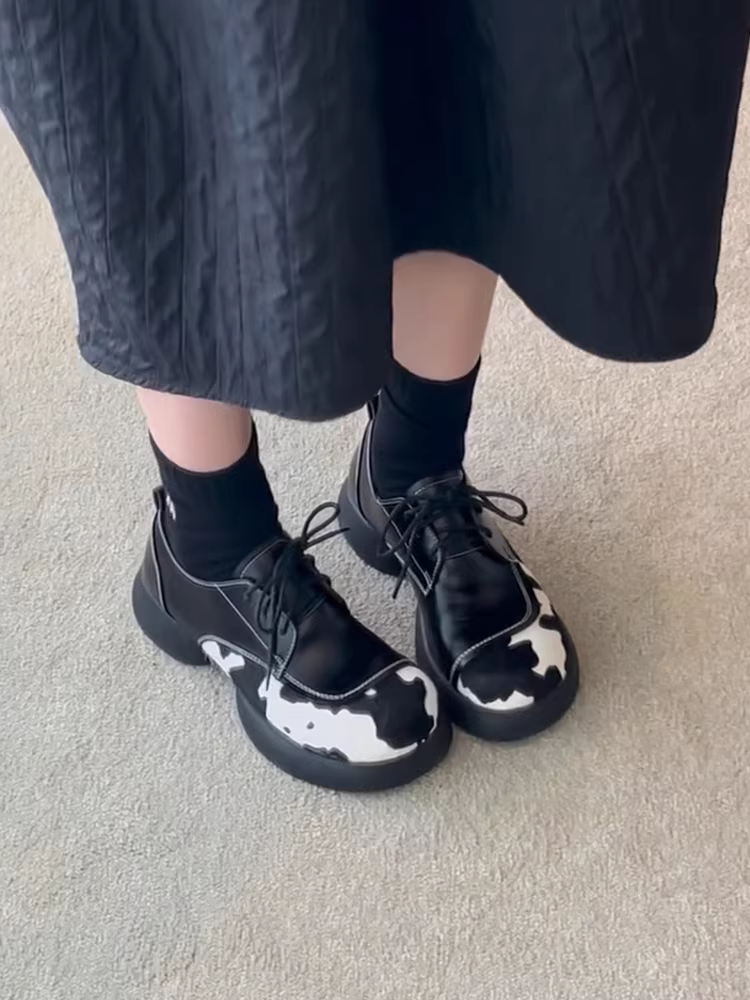 Phiên bản da cừu ~ Giày lười đế dày bằng da thật dành cho nữ, giày đế dày có dây buộc, giày đế dày có thiết kế độc đáo, giày da nhỏ.