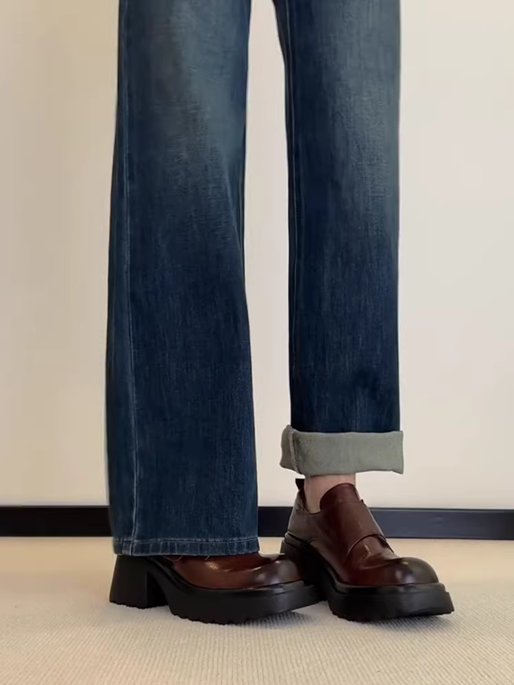 Phiên bản da bò ~ Giày đế dày đế dày chống thấm nước kiểu cổ điển dành cho nữ có mũi giày lớn, có khóa dán, giày da nhỏ kiểu slip-on