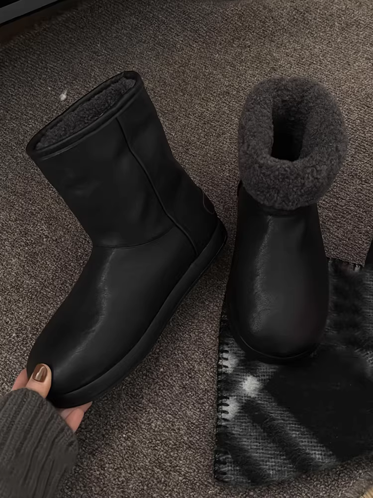 Phiên bản da bò ~ Giày bốt cotton đơn giản, giản dị, da thật cao cấp màu đen cổ điển dành cho nữ, giày bốt đi tuyết đế dày đa năng mũi tròn thời trang