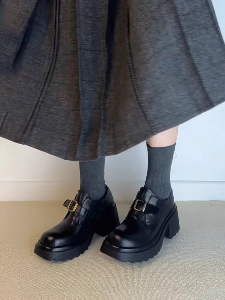 Phiên bản da cừu ~ Giày lười đế dày tăng chiều cao bằng da thật dành cho nữ có khóa thắt lưng, giày đi làm cao gót cổ điển, giày da nhỏ.