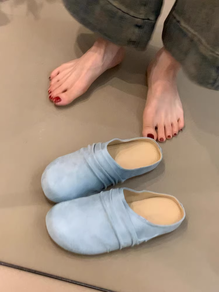 Phiên bản da cừu ~ giày lười đa năng kiểu cổ điển dành cho nữ, giày nửa dép bằng da lộn, giày Birkenstock mũi tròn xếp ly