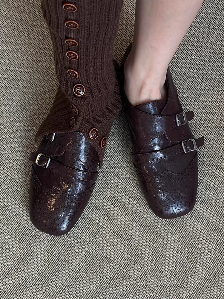 Phiên bản da cừu ~ Giày lười đế mềm thoải mái được chạm khắc thời trang dành cho nữ, giày da đế bằng mũi vuông kiểu brogue