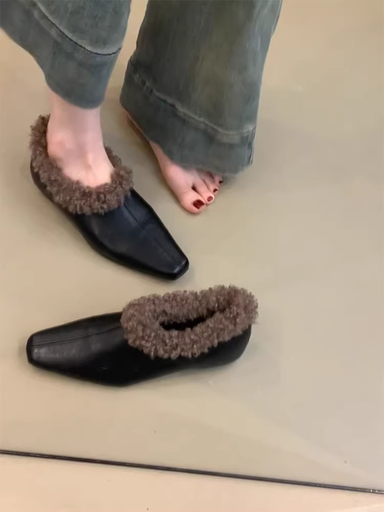 Phiên bản da cừu ~ Giày lười da thật cổ điển dành cho nữ có độ tăng chiều cao ẩn, mũi vuông, đế phẳng, giày lông đa năng đi làm
