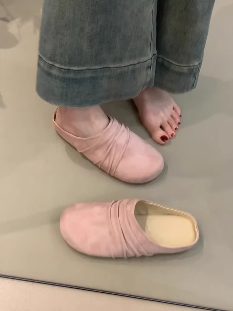 Phiên bản da cừu ~ giày lười đa năng kiểu cổ điển dành cho nữ, giày nửa dép bằng da lộn, giày Birkenstock mũi tròn xếp ly