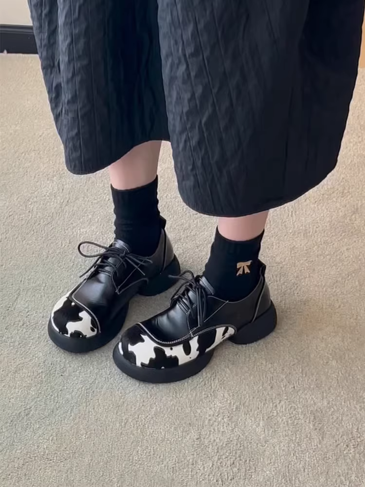 Phiên bản da cừu ~ Giày lười đế dày bằng da thật dành cho nữ, giày đế dày có dây buộc, giày đế dày có thiết kế độc đáo, giày da nhỏ.