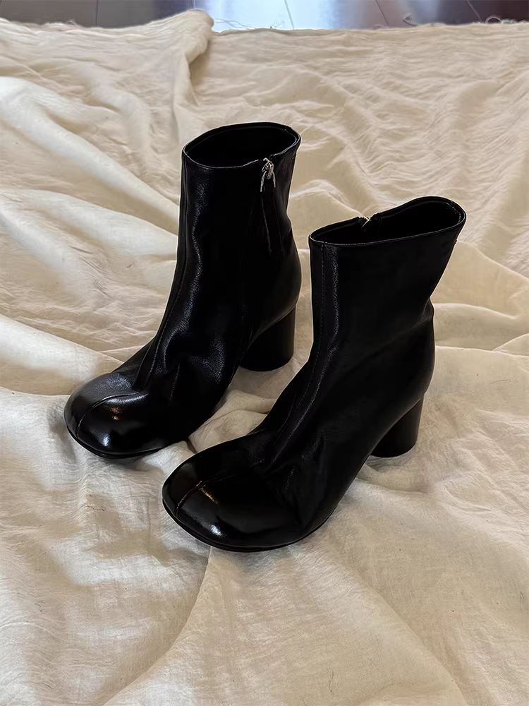 Phiên bản da bò ~ Giày bốt da thật mũi vuông cổ điển dành cho nữ, thiết kế đơn giản, khóa kéo bên hông, gót dày, đa năng, giày bốt ngắn thon gọn