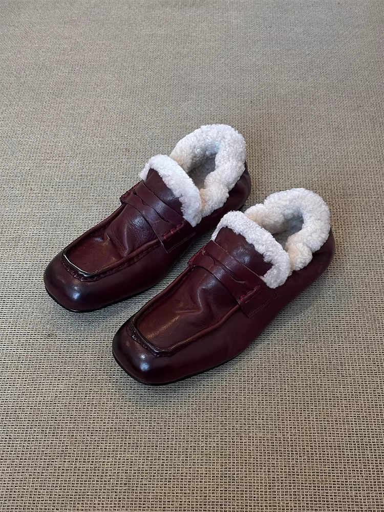 Phiên bản da bò ~ Giày lười kiểu dáng lười biếng, nhẹ, cổ điển, ấm áp dành cho nữ, thích hợp đi làm, đa năng, giày lười thời trang.