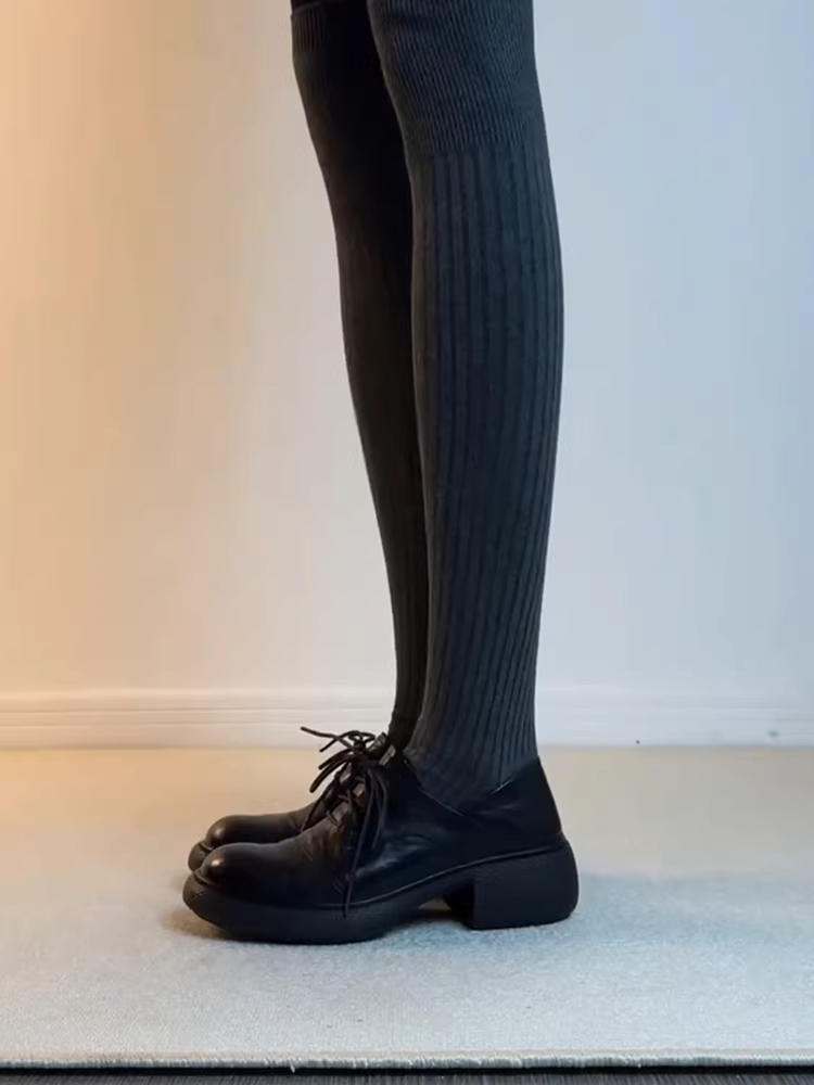 Phiên bản da cừu ~ Giày da đi làm đế dày kiểu Anh cắt sâu, êm ái dành cho nữ, giày lười mũi tròn đa năng có dây buộc thoải mái