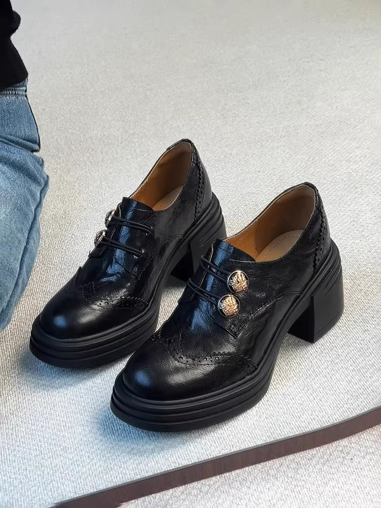 Phiên bản da cừu ~ Giày lười có khóa kim loại có khóa sâu dành cho nữ, mũi tròn, giày da đế dày đế dày chống thấm nước