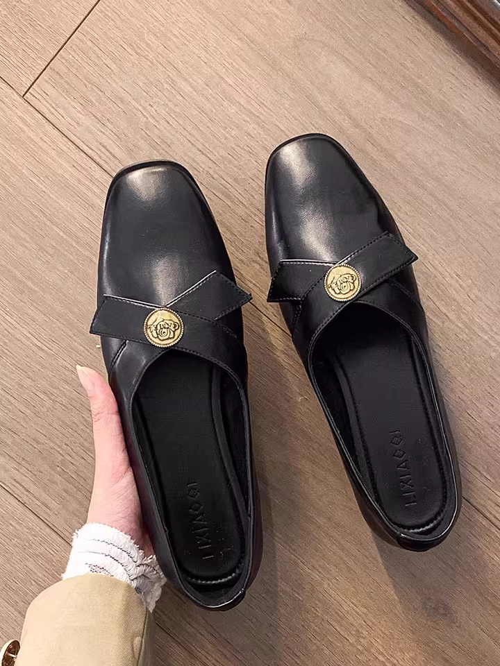 Phiên bản da cừu ~ giày da nông kiểu cổ điển dành cho nữ, mũi vuông hình đồng xu, giày bà ngoại gót thấp, giày bệt da thật màu đen kiểu slip-on