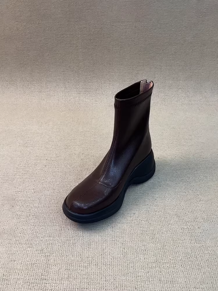 Phiên bản da bò ~ Giày bốt đế dày co giãn cỡ nhỏ dành cho nữ, khóa kéo phía sau bằng da thật đơn giản, giúp thon gọn, bốt ngắn cổ điển thời trang