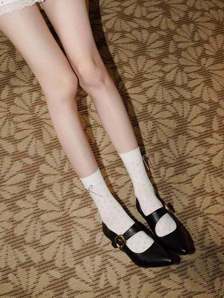 Pear Xiaoqi~ Giày Mary Jane đơn giản và tôn dáng dành cho nữ với giày cao gót, giày da thật mũi nhọn kiểu cổ điển.