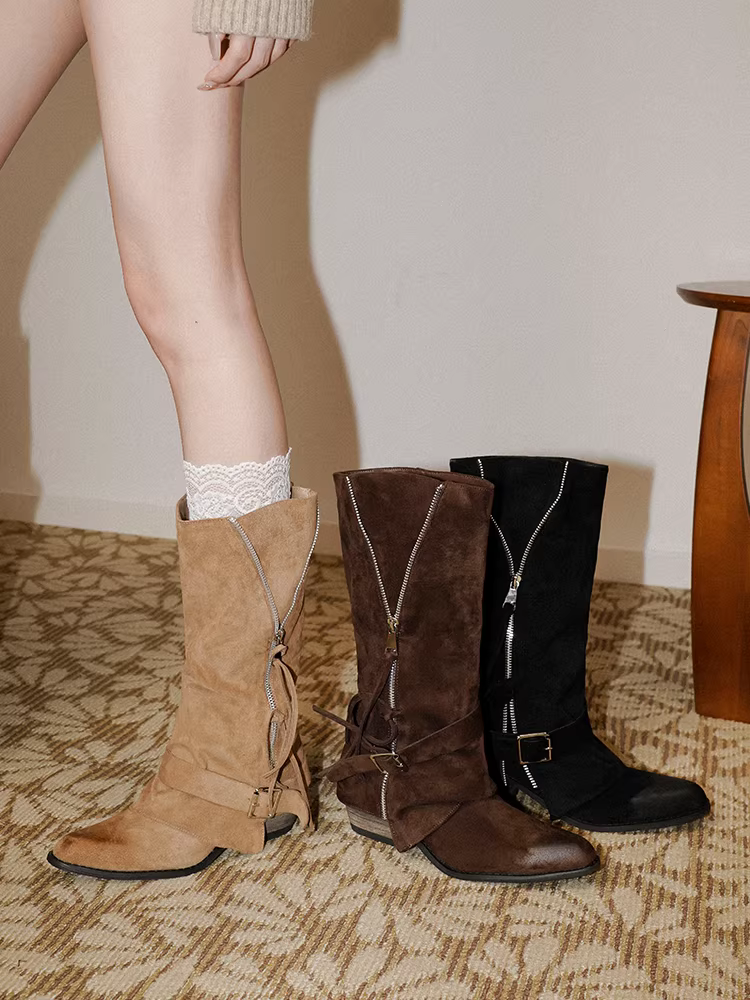 Pear Xiaoqi~ Giày bốt kiểu quần ống rộng dành cho nữ, thiết kế theo phong cách cổ điển, độc đáo, có khóa kéo cổ điển, khóa thắt lưng, kiểu dáng ôm dáng.