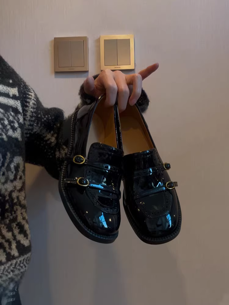 Phiên bản da cừu ~ Giày lười nữ da bóng kiểu Anh Pháp, đế thấp, mũi tròn, đi làm