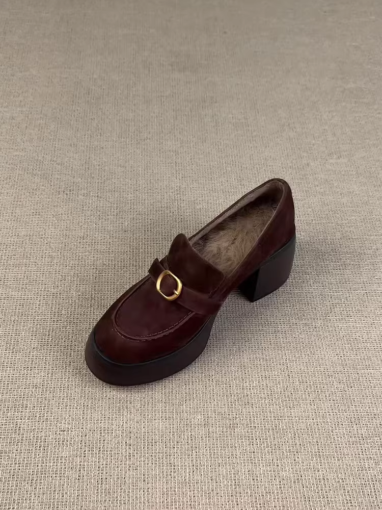 Phiên bản da cừu ~ Giày lười da thật cổ điển đa năng dành cho phụ nữ nhỏ nhắn, quai đơn, đế dày, tăng chiều cao, giày da lộn đơn giản