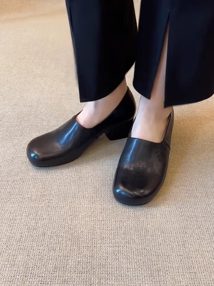 Phiên bản da bò~giày lười đi làm bằng da thật kiểu dáng đơn giản dành cho nữ, thời trang, giản dị, đa năng, thoải mái, giày đơn gót dày