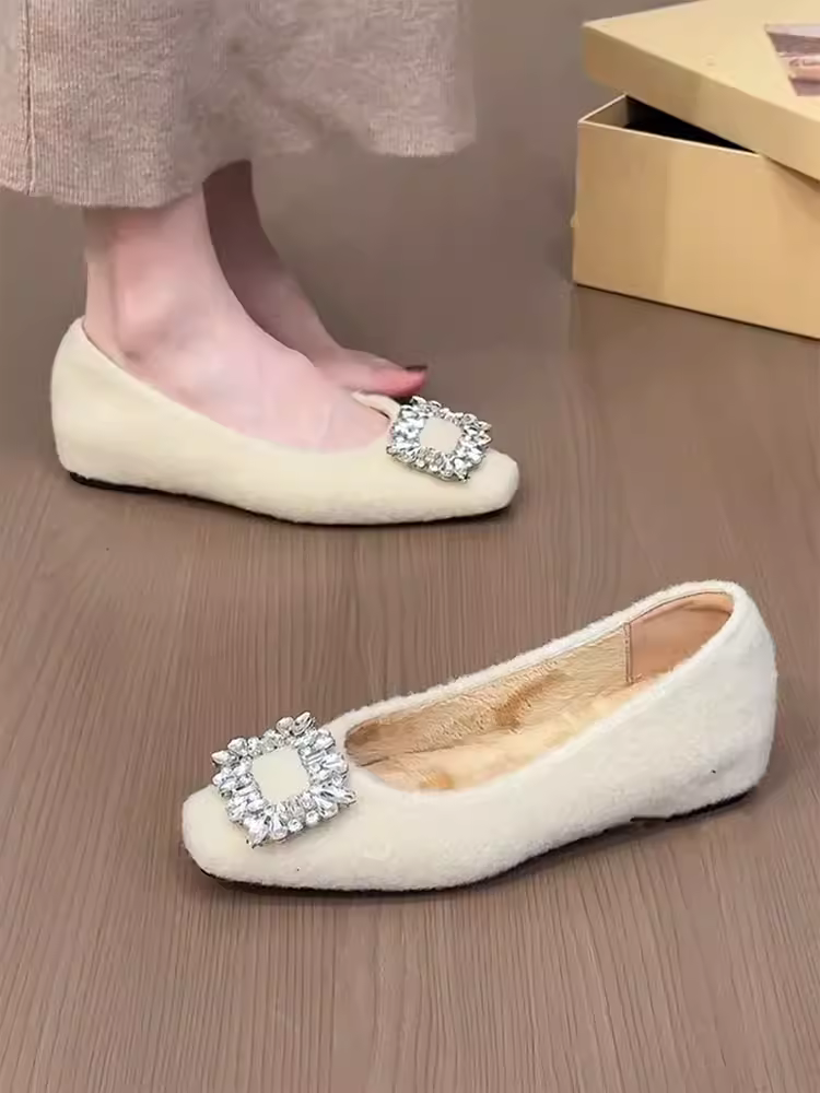Phiên bản da cừu ~ Giày dạ hội có khóa vuông đính đá phong cách Pháp dành cho nữ, kiểu dáng cổ tích, khí chất dịu dàng, giày đế thấp mũi vuông.