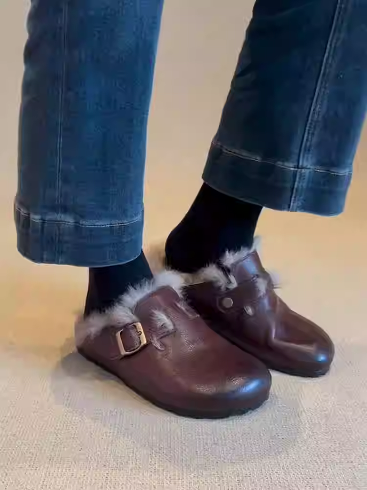 Phiên bản da cừu ~ Giày Birkenstock da thật cổ điển, đã qua xử lý làm cũ, dành cho nữ, áo khoác ngoài bằng lông thỏ, giày lông mềm mại, dễ mang, mũi kín.