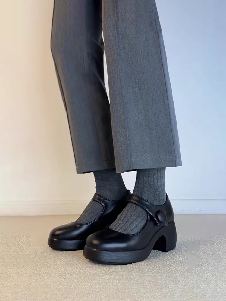 Phiên bản da cừu ~ Giày Mary Jane cao gót có khóa, giày da đế dày tăng chiều cao, giày đơn mũi tròn da thật đa năng dành cho nữ