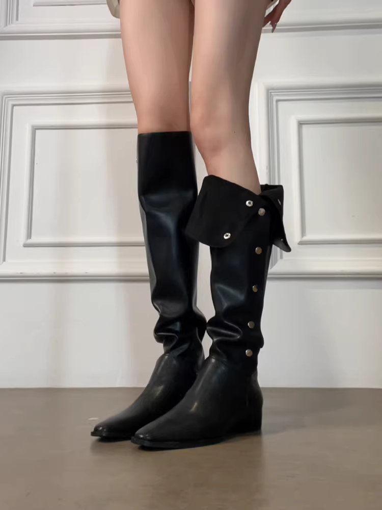 Phiên bản da bò ~ Giày bốt cưỡi ngựa cao quá đầu gối có khóa thon gọn bằng da thật màu đen cổ điển dành cho nữ, giày cao cổ thời trang hai kiểu dáng