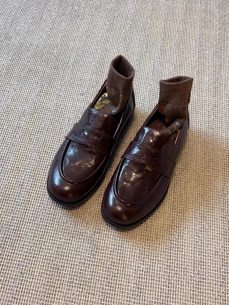 Phiên bản da cừu ~ giày lười da thật cổ điển dành cho nữ, gót dày, giày đế bằng, giày da nhỏ kiểu Anh, giày lười