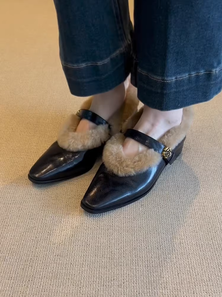 Phiên bản da bò ~ Giày đơn quai đơn, miệng nông, kiểu cổ điển, da thật, gót dày, da cừu, kiểu Mary Jane dành cho nữ