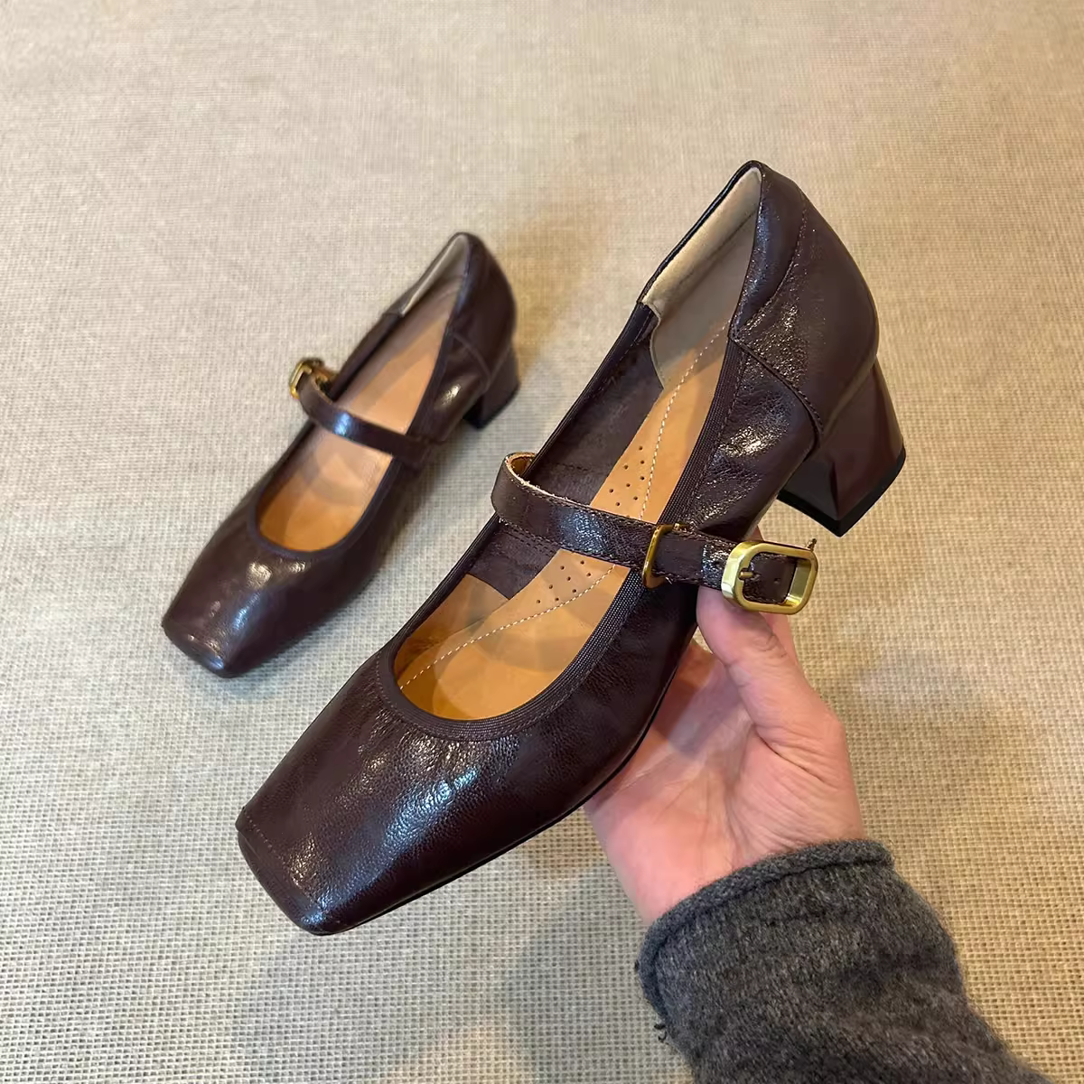 Phiên bản da cừu ~ Giày Mary Jane mũi vuông kiểu Pháp dành cho nữ, giày đi làm bằng da thật có quai đơn đơn giản, miệng nông