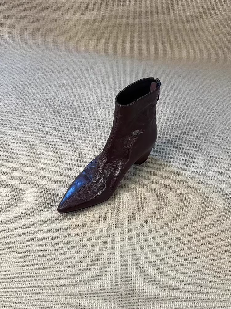 Phiên bản da bò ~ Giày bốt mỏng thời trang tối giản dành cho nữ, mũi nhọn thanh lịch, gót ẩn, khóa kéo phía sau, giày bốt da thật đa năng để đi làm.