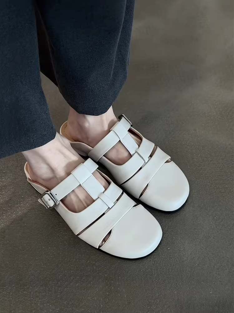 Phiên bản da cừu ~ Giày mules mũi kín bằng da thật thoáng khí, đế thấp kiểu Pháp dành cho nữ, đa năng cho mùa hè, thoải mái khi đi làm, dép mát.