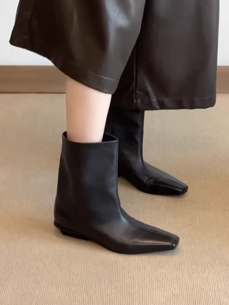 Phiên bản da bò ~ phong cách cổ điển, giày bốt thời trang mũi vuông độc đáo và độc đáo dành cho nữ, giày bốt phương Tây bằng da thật có gót thấp, đơn giản và thanh lịch.