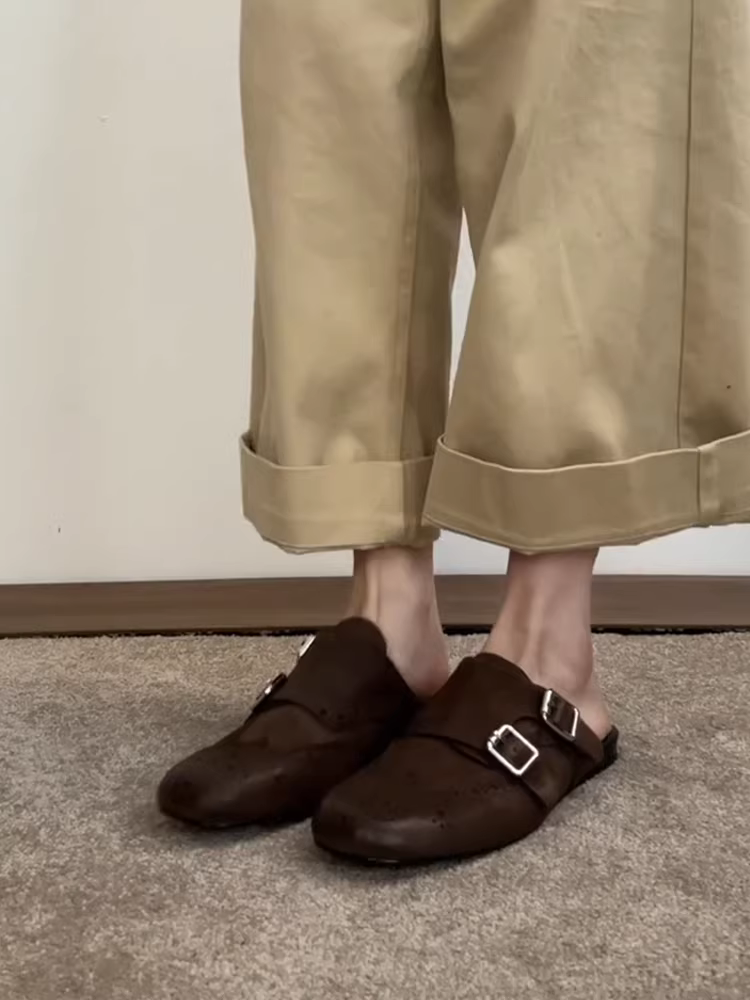 Phiên bản da cừu ~ Giày da thật màu đen có mũi kín, kiểu dáng cổ điển, đa năng, mũi vuông, kiểu brogue nửa dép dành cho nữ