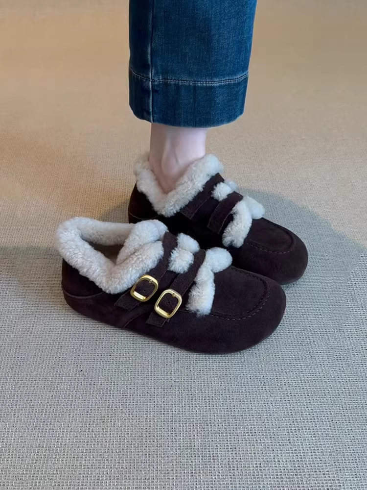 Phiên bản da cừu ~ Giày lười có khóa thắt lưng thời trang dành cho nữ với đế tăng chiều cao ẩn, chất liệu da lộn có lớp lót lông cừu giữ ấm, kiểu dáng giày Birkenstock cổ điển.