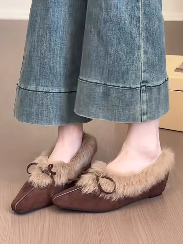 Phiên bản da cừu~ Giày lông thú phong cách Hàn Quốc dành cho nữ, giày mũi vuông nhỏ kiểu lười có nơ, giày đế bằng tăng chiều cao bên trong bằng da lộn