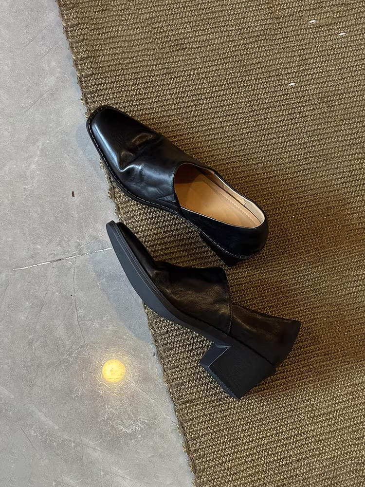 Phiên bản da cừu ~ Giày lười mũi vuông bằng da thật, phong cách và sành điệu dành cho nữ, thích hợp đi làm, với phong cách cổ điển đơn giản và sang trọng, có gót dày.