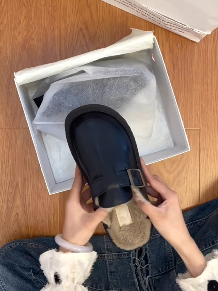 Phiên bản da cừu ~ Giày mules đế dày có lông cừu dành cho nữ, giày lông kiểu Birkenstock bằng da thật cổ điển.