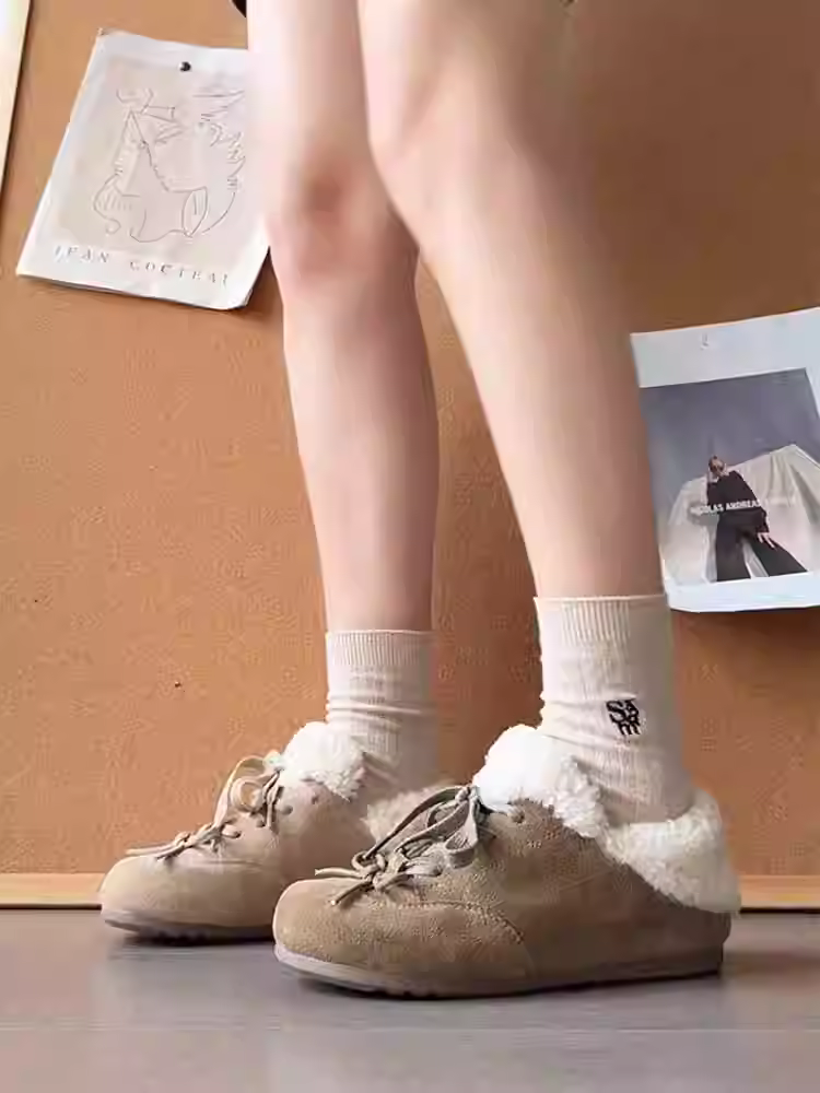 Phiên bản da cừu ~ Giày Birkenstock bằng da thật ấm áp bằng len cừu dành cho nữ, kiểu nơ cổ điển, giày bốt cotton lót lông cừu giản dị dễ thương và độc đáo