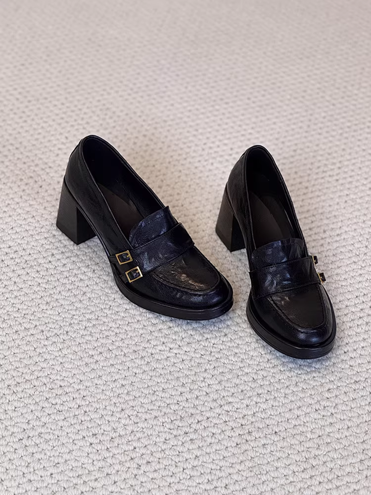 Phiên bản da cừu ~ Giày lười da thật đa năng phong cách cổ điển của Anh dành cho nữ có khóa thắt lưng, giày đi làm cao gót kiểu slip-on